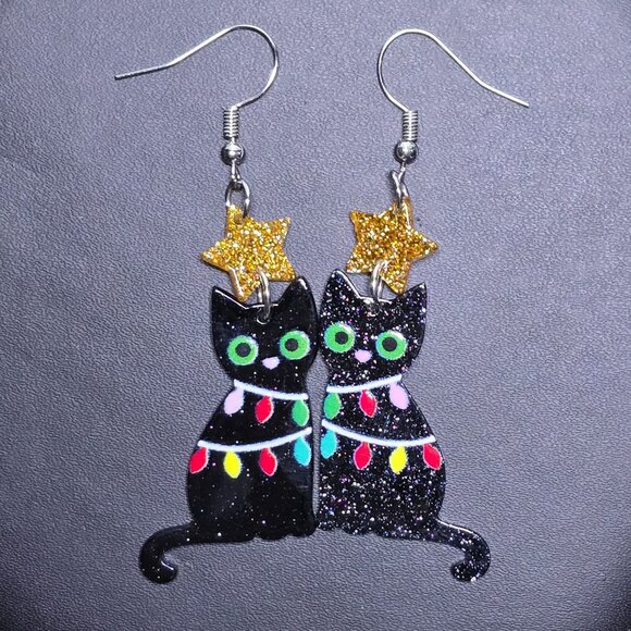 2/$15 Black Cat Earrings With Christmas Lights (NWOT) - Picture 2 of 4